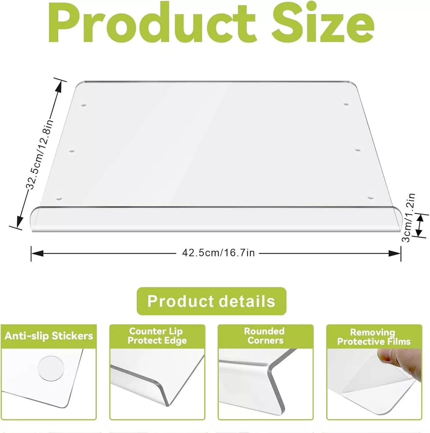 Clear Acrylic Cutting Chopping Board Lip Non Slip Worktop Protector LARGE 42x32